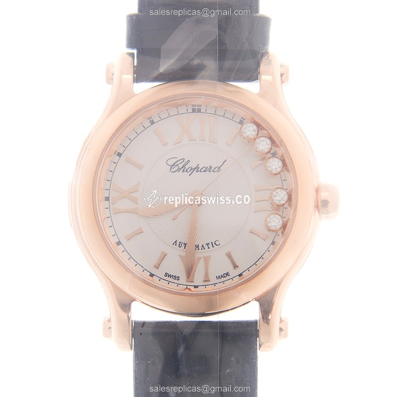 Chopard Happy Sport Replica - Automatic - 18kt Rose Gold - White Dial - Black Alligator Buckle